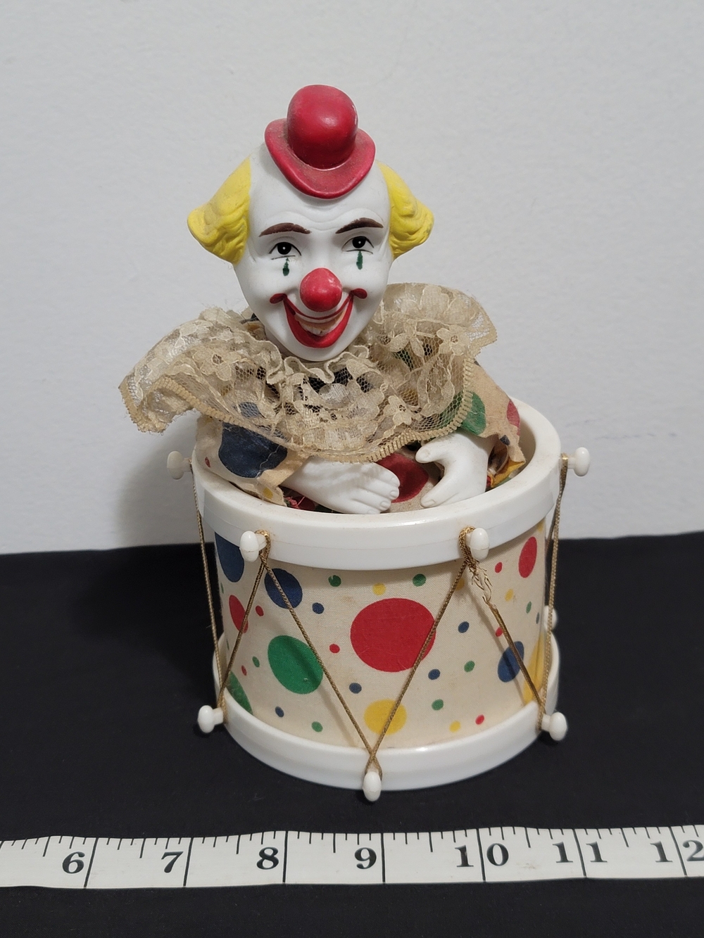 Vintage Polka Dot Clown on Drum Windup Music Box - White and Multicolor